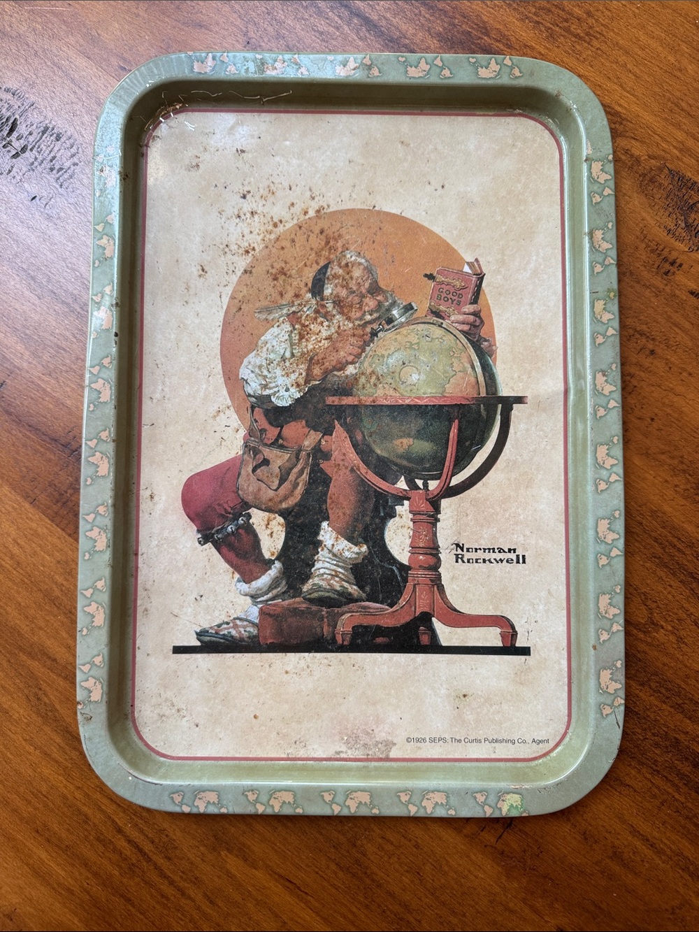 Vintage Norman Rockwell Decorative Tin Tray - Santa Globe Illustration